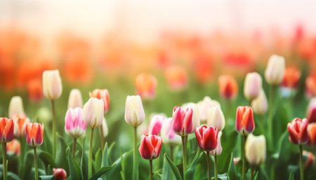 Colorful blooming tulip flowers in green meadow on sunny day. Generative AI.の素材