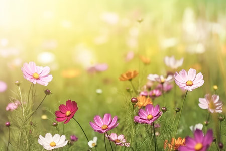 Beautiful blooming cosmos flowers in green meadow on sunny day. Generative AI.の素材