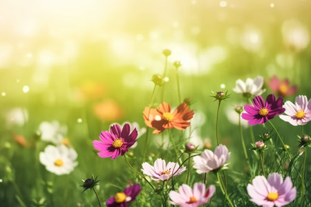 Beautiful blooming cosmos flowers in green meadow on sunny day. Generative AI.の素材