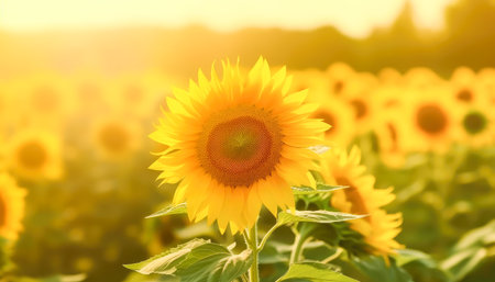 Sunflower field at sunny day, soft lights, blurred background. Generative AI.の素材
