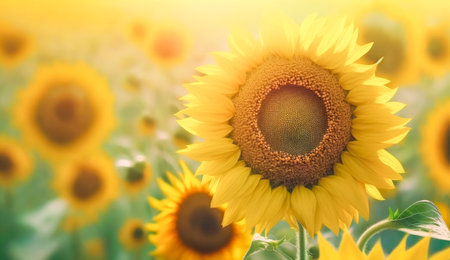 Sunflower field at sunny day, soft lights, blurred background. Generative AI.の素材