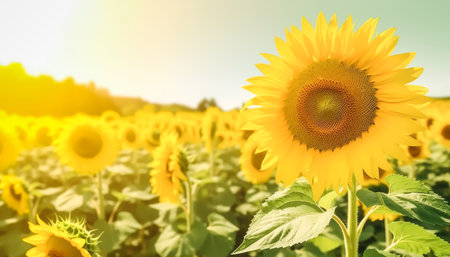 Sunflower field at sunny day, soft lights, blurred background. Generative AI.の素材