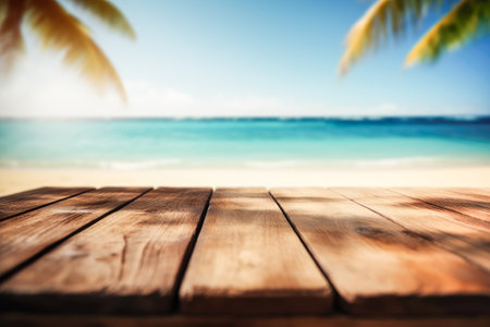 Empty wooden table top, product display, showcase stage on tropical summer beach background. Generative AI.の素材
