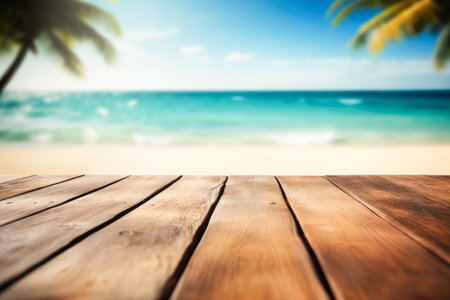 Empty wooden table top, product display, showcase stage on tropical summer beach background. Generative AI.の素材