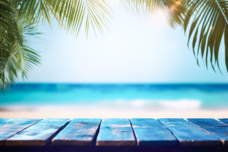 Empty wooden table top, product display, showcase stage on tropical summer beach background. Generative AI.の素材