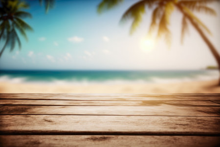 Empty wooden table top, product display, showcase stage on tropical summer beach background. Generative AI.の素材