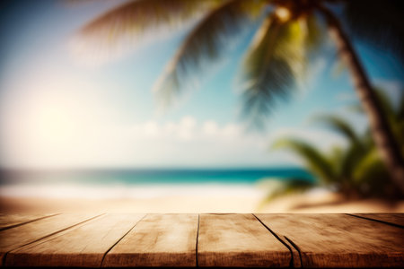 Empty wooden table top, product display, showcase stage on tropical summer beach background. Generative AI.の素材