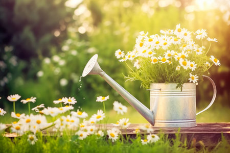 Beautiful Chamomiles or Daisies in watering can on green garden background. Generative AI.の素材