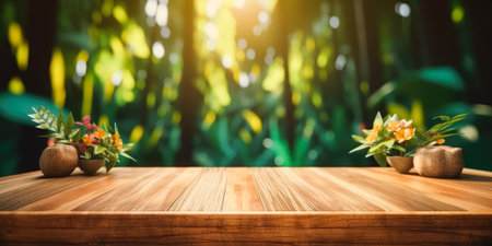 Empty wooden table top, product display, showcase stage on tropical jungle background. Generative AI.の素材