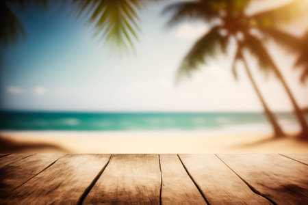 Empty wooden table top, product display, showcase stage on tropical summer beach background. Generative AI.の素材