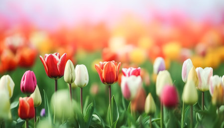 Colorful blooming tulip flowers in green meadow on sunny day. Generative AI.の素材