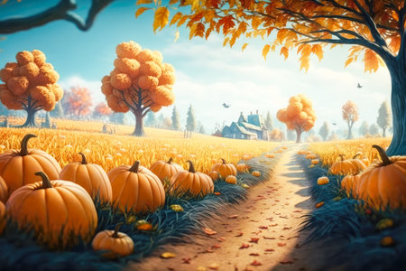 Halloween illustration. Pumpkin field in autumn day. Generative AI.の素材