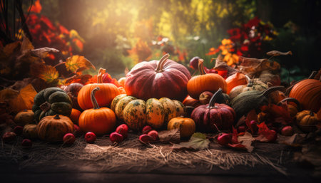 Autumn Composition Different Pumpkins With Orange Falling Leaves Nature Background. Generative AI.の素材