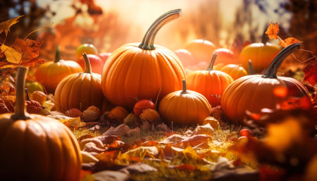 Autumn Composition Different Pumpkins With Orange Falling Leaves Nature Background. Generative AI.の素材