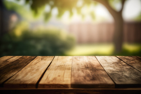 Empty wooden table top, product display, showcase stage on green garden background. Generative AI.の素材