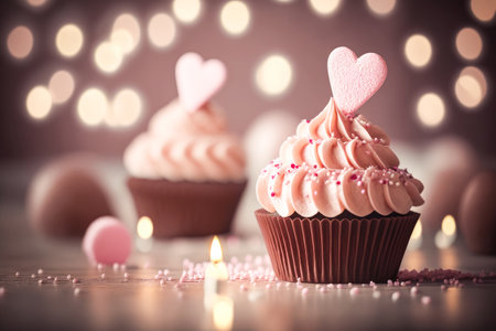 Beautiful and delicious festive cupcake against blurred lights background. Generative AI.の素材