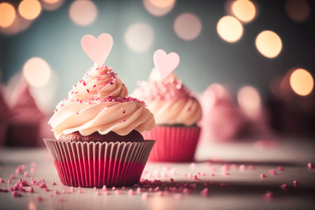 Beautiful and delicious festive cupcake against blurred lights background. Generative AI.の素材