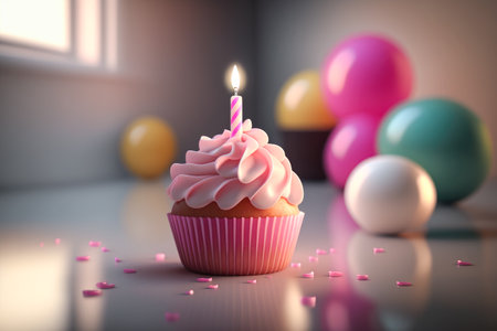 Birthday cupcake with candle against colorful balloons. Generative AI.の素材