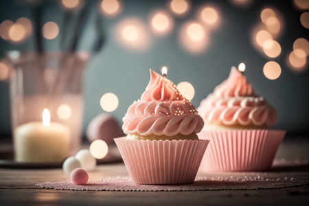 Beautiful and delicious festive cupcake against blurred lights background. Generative AI.の素材