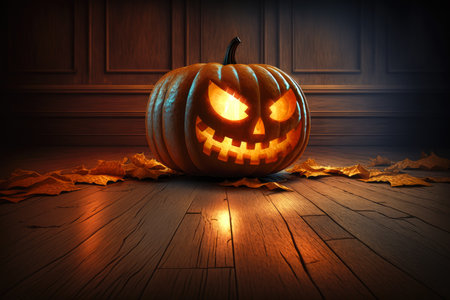 One spooky Halloween pumpkin, Jack O Lantern, with an evil face and eyes on a wooden floor. Generative AI.の素材