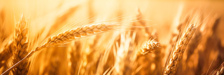 Cereals field in nature on sunset, panoramic landscape, shining sunlight, copy space. Generative AI.の素材