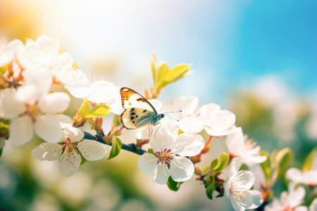 Spring background with beautiful blossoming Apple tree branch and butterfly. Generative AI.の素材