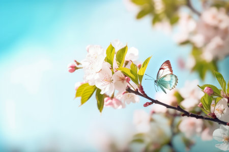 Spring background with beautiful blossoming Sakura branch and butterfly. Generative AI.の素材
