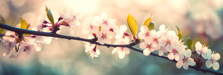 Spring background with beautiful blossoming Sakura branch. Generative AI.の素材