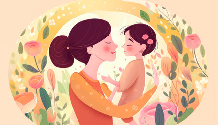 Illustration of mother and child against flower background. Concept of Mother`s day, Mother`s love, relationships between mother and child. Generative AI.の素材