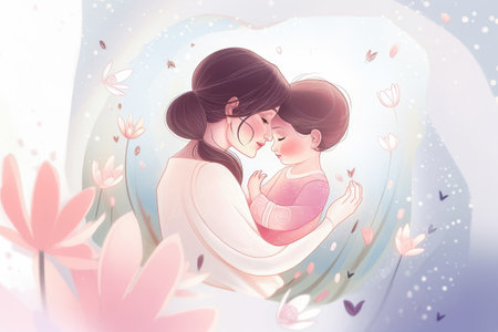 Illustration of mother and child against flower background. Concept of Mother`s day, Mother`s love, relationships between mother and child. Generative AI.の素材