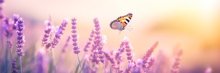Beautiful butterfly and lavender flowers against on a background of sunrise. Generative AI.の素材