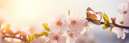 Spring background with beautiful blossoming Sakura branch and butterfly. Generative AI.の素材