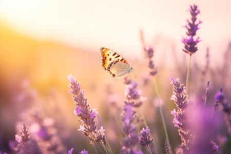 Beautiful butterfly and lavender flowers against on a background of sunrise. Generative AI.の素材