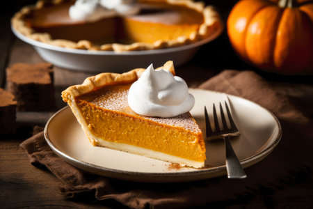 Traditional pumpkin pie topped with whipped cream. Generative AI.の素材