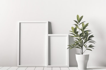 Empty frame mockup on empty neutral wall background. Generative AI.の素材