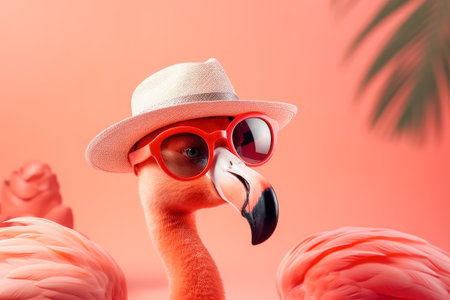 Pink Flamingo with sunglasses and hat. Summer and vacation concept. Generative AI.の素材