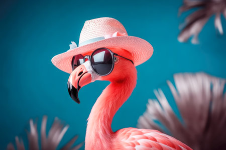 Pink Flamingo with sunglasses and hat. Summer and vacation concept. Generative AI.の素材