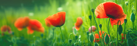 Colorful spring summer landscape with red poppy flowers in meadow. Generative AI.の素材