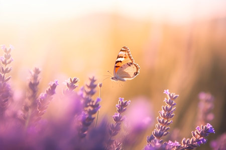 Beautiful butterfly and lavender flowers against on a background of sunrise. Generative AI.の素材