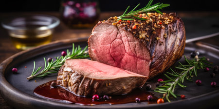 Roasted beef tenderloin meat. Generative AI.の素材