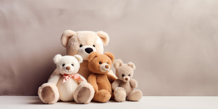 Cute teddy bears sitting together on brown background, copy space. Generative AI.の素材