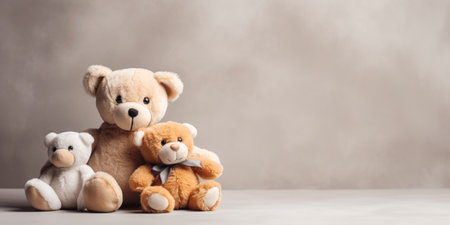 Cute teddy bears sitting together on brown background, copy space. Generative AI.の素材