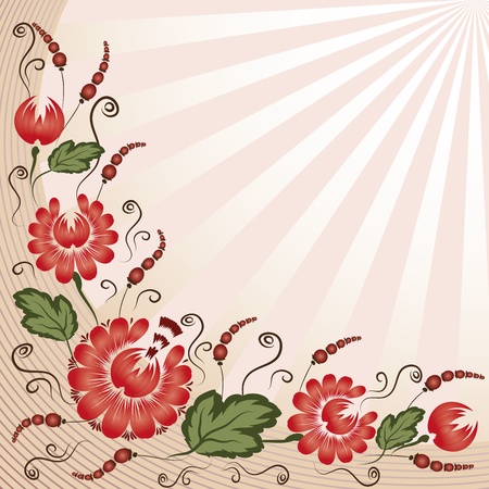 Red flowers on a beige background - in the style of hand-painted. Floral design. Basic elements are grouped.のイラスト素材
