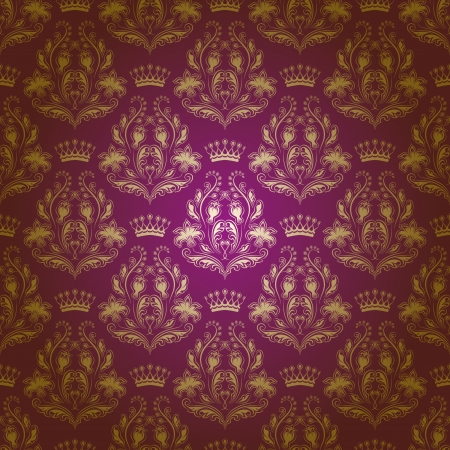 Damask seamless floral pattern  Royal wallpaper  Flowers, crowns on a purple background のイラスト素材