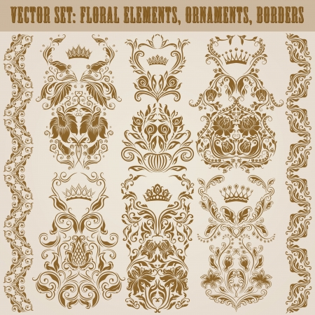 Set of damask ornaments  Floral elements, borders, crowns for design  Page decoration のイラスト素材