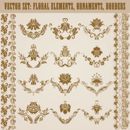 Set of vector damask ornaments. Floral elements, borders, crowns for design. Page decoration.のイラスト素材