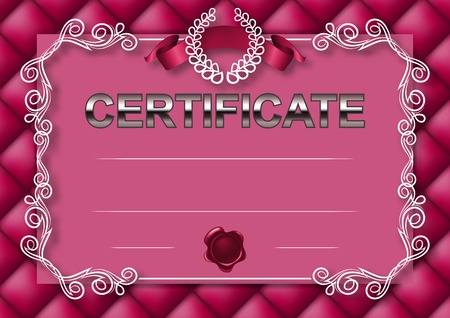 Elegant template of certificate, diploma with decoration of lace pattern, ribbon, wax seal, laurel wreath, button-tufted texture, place for text. のイラスト素材