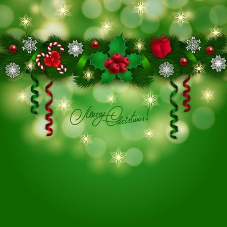 New Year\'s background - a garland of fir branches, bow, gift, lollipops, holly berries, snowflakes for greeting card, invitation. Christmas festive bokeh background. Vector illustration EPS10.File contain transparency, gradient mesh.のイラスト素材