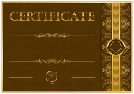 Elegant template of certificate, diploma with decoration of lace pattern, ribbon, wax seal, laurel wreath, place for text. Certificate of achievement, education, awards, winner. Vector illustration EPS 10.のイラスト素材