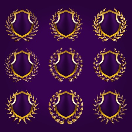Set of golden vector shields with laurel wreath. Heraldic emblems with place for text on the background.のイラスト素材